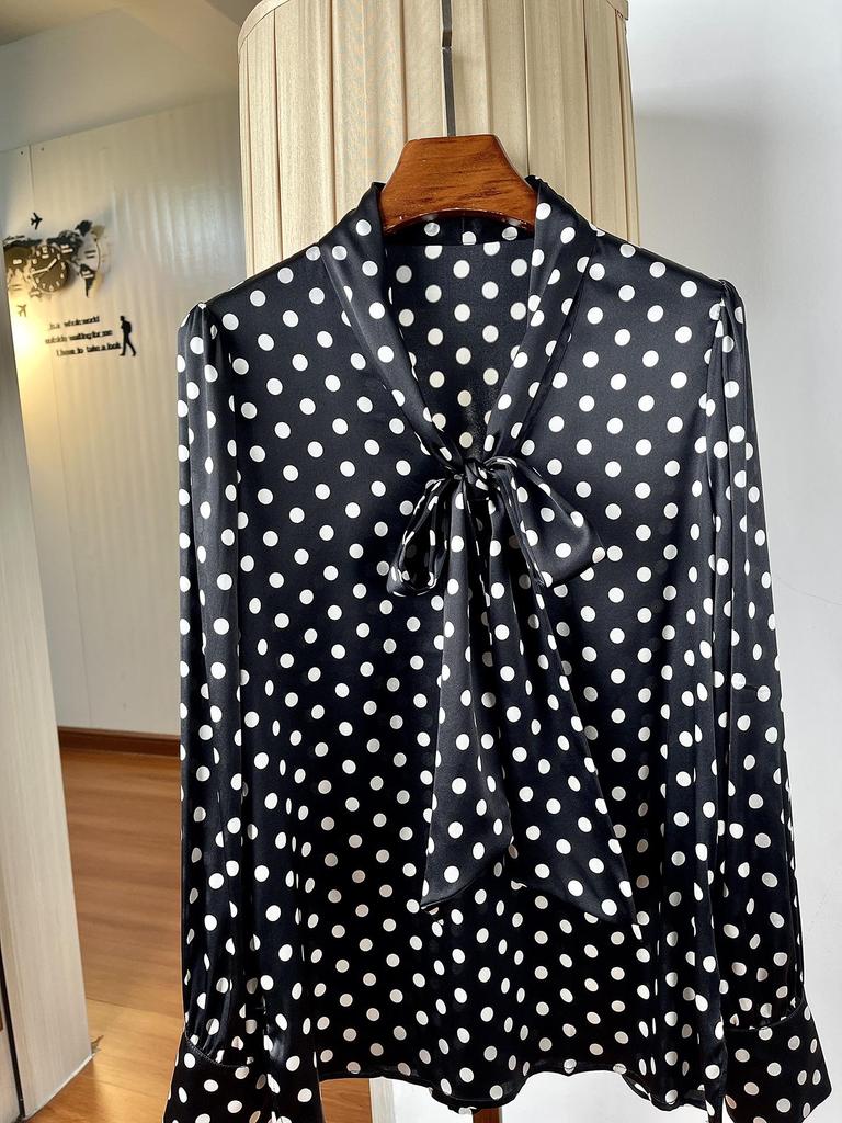 Women's Black and White Polka Dot Long Sleeve Ribbon Silk Top