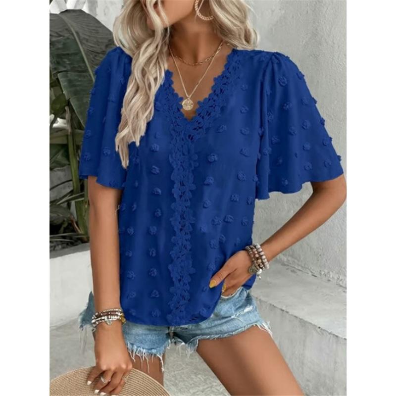 Comfortable Loose Jacquard Lace V-neck Short Sleeved Top For Women