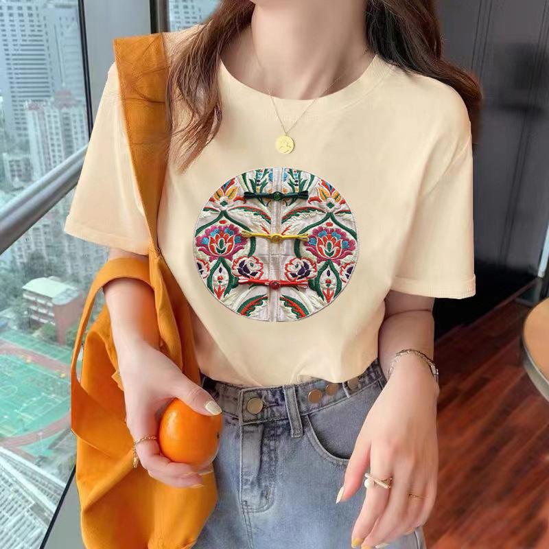 VEZFAA Women's Fashion Casual Summer Spring Flower Pattern Print Short Sleeve O-Neck Blouses & Shirts