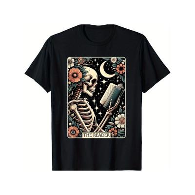 European Size [Fast Arrival] The Reader  Card Skeleton Reading Book Bookworm Bookish T-Shirt for Men, Christmas Halloween Thanksgiving Day Gift