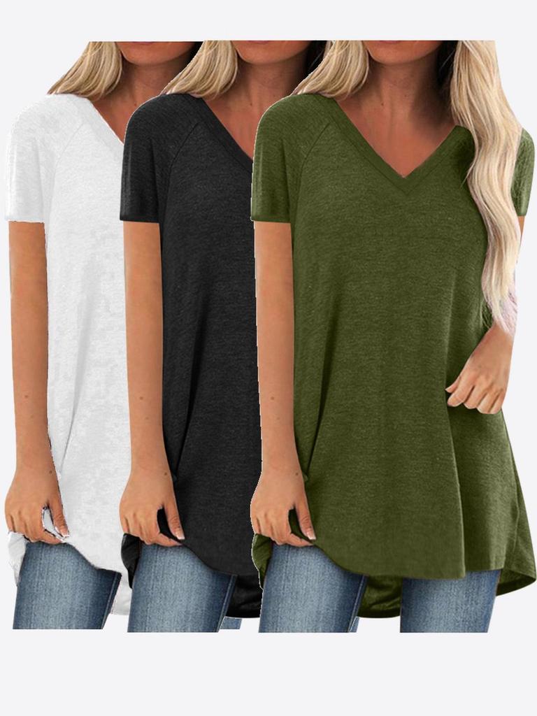 Women's V-Neck Swallowtail Short-Sleeved T-Shirt Set - 3 Pieces, Daily Casual Wear