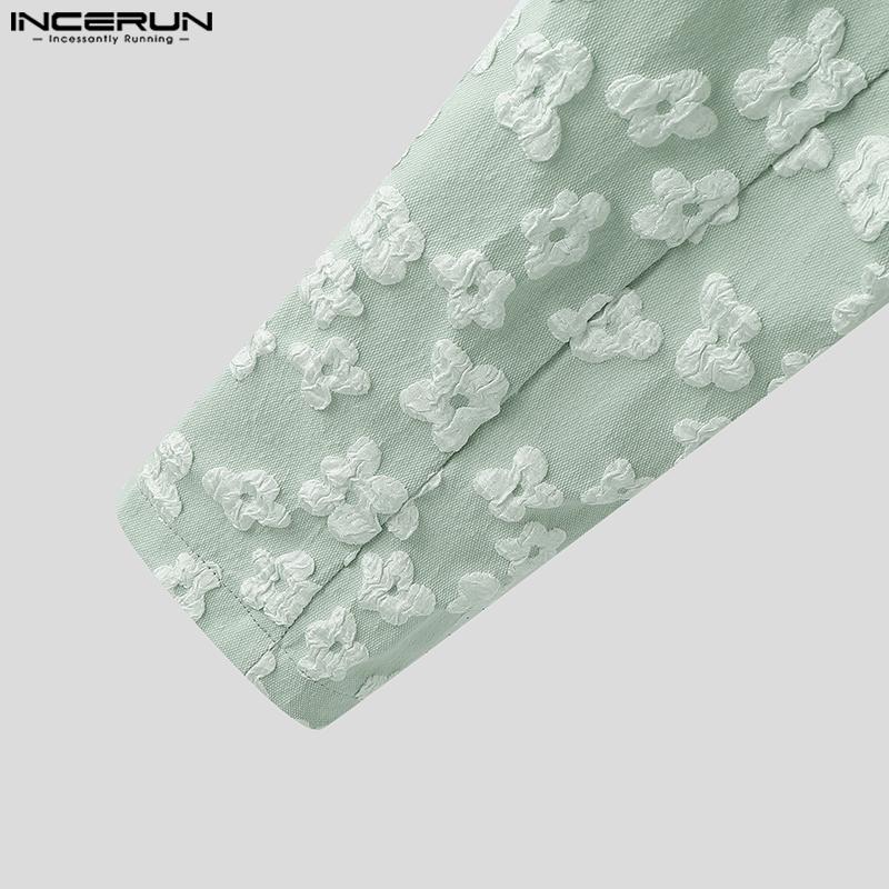 INCERUN Men Lapel Neck Long Sleeve One Button Flowers Texture Cropped Blazer Coats