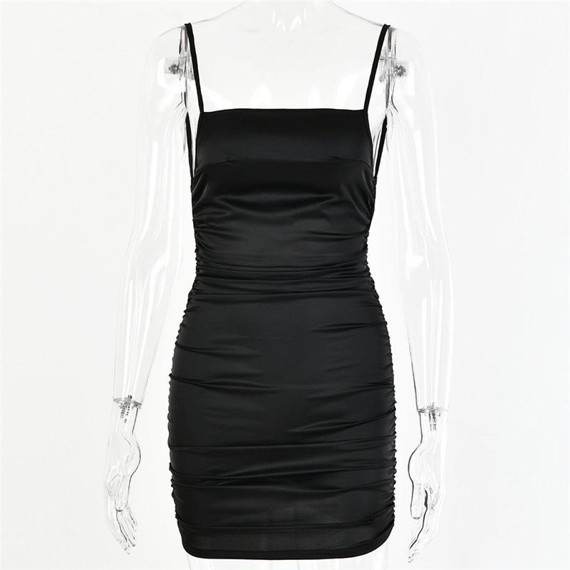 European and American Sexy Backless Babes Pleated Solid Color Hip-wrapped Slim Suspender Temperament Dress Spot Wholesale