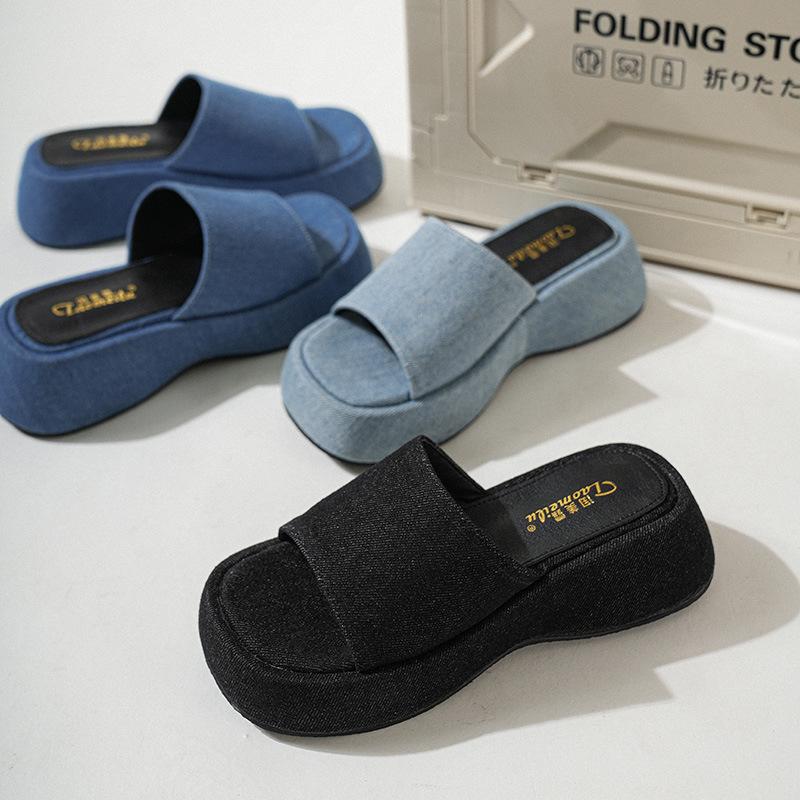 2025 New summer denim blue platform slippers women open toe thick high heels slides shoes female jeans flip flops sandalias