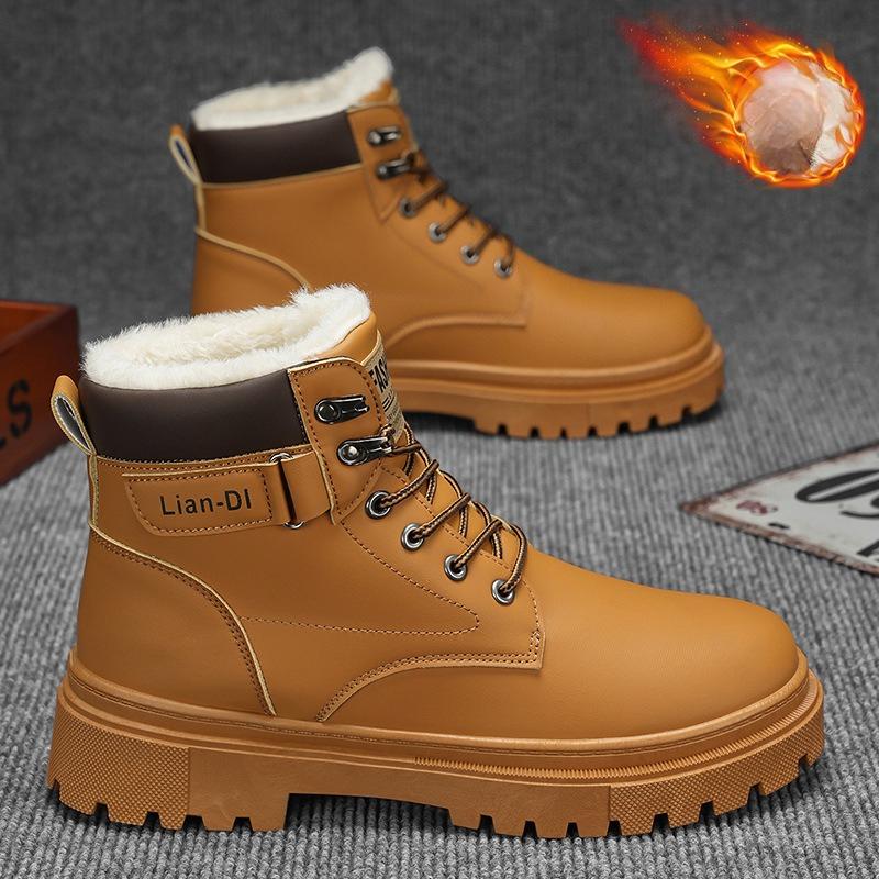 

Зимние мужские терморабочие ботинки с высоким верхом, плюшевой подкладкой, кожаные повседневные туфли в британском стиле, нескользящие, теплые, удобные, зимние ботильоны 39