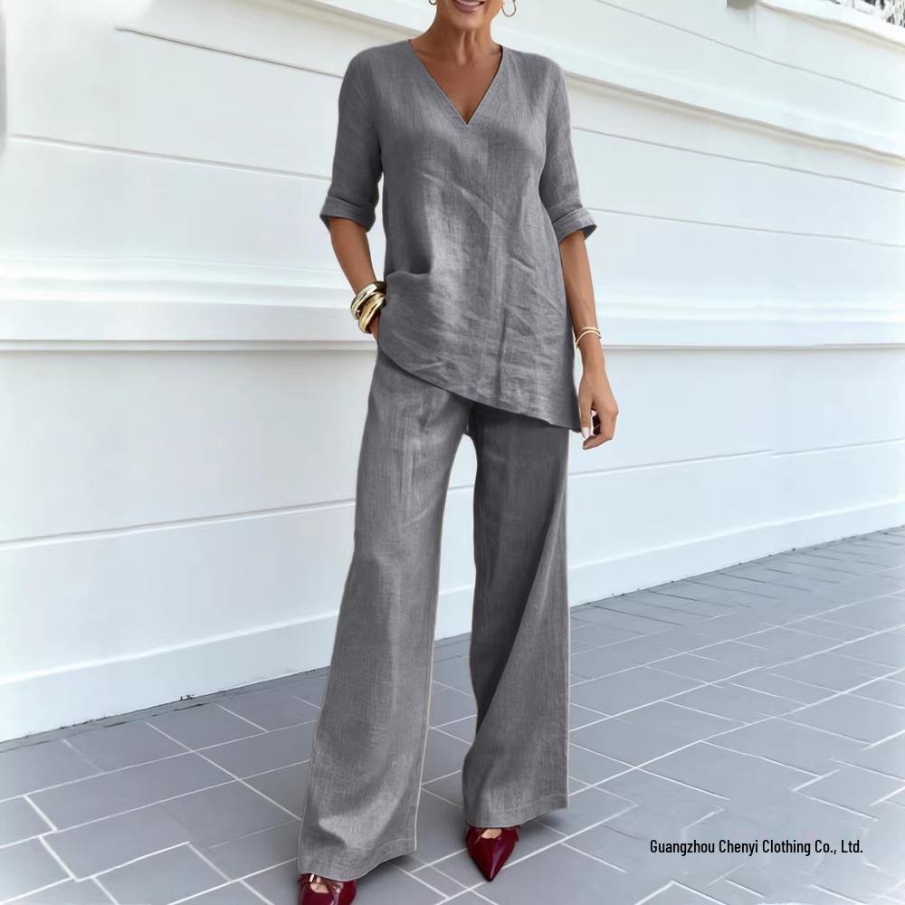 2026 Women's Cotton Linen Solid V-Neck Blouse & Loose Pants Set