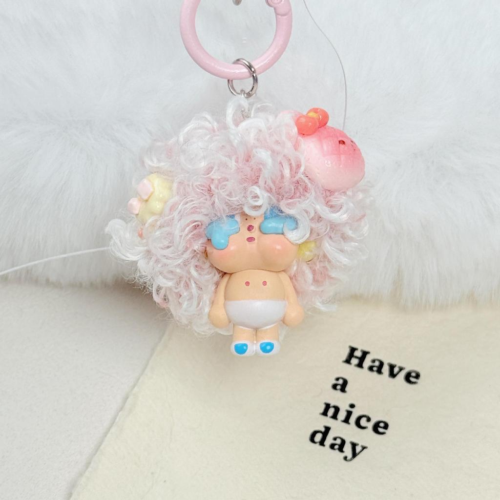 Crying Doll Curly Hair Keychain - Cartoon Charm for Bags & Phones