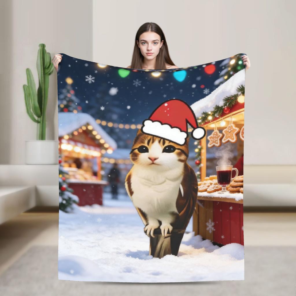 Cat Owl Funny Brainrot Christmas Blanket Soft Funny Plush Throw Blanket For Child Couch Chair Flannel Bedspread Bed Cover