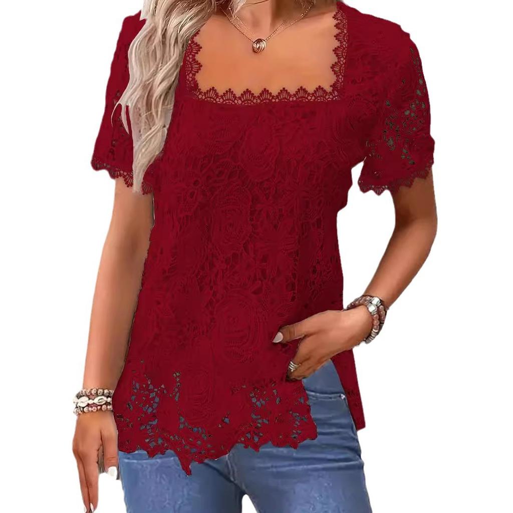 Sommer Damenmode Einfarbiges Lässiges T-Shirt mit quadratischem Ausschnitt und Spitzenkante