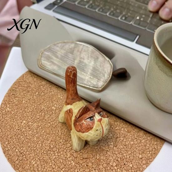 Unique Handcrafted Cat Decor Tabby Wood Figurine with Painting, Hand Carved Basswood Decorative Car Accessories Statue, Animal Art Ornament