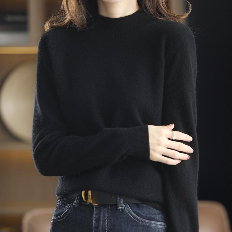 Women's Autumn Winter Short Pullover Solid Color Loose Half-High Neck Knit Base Layer Sweater