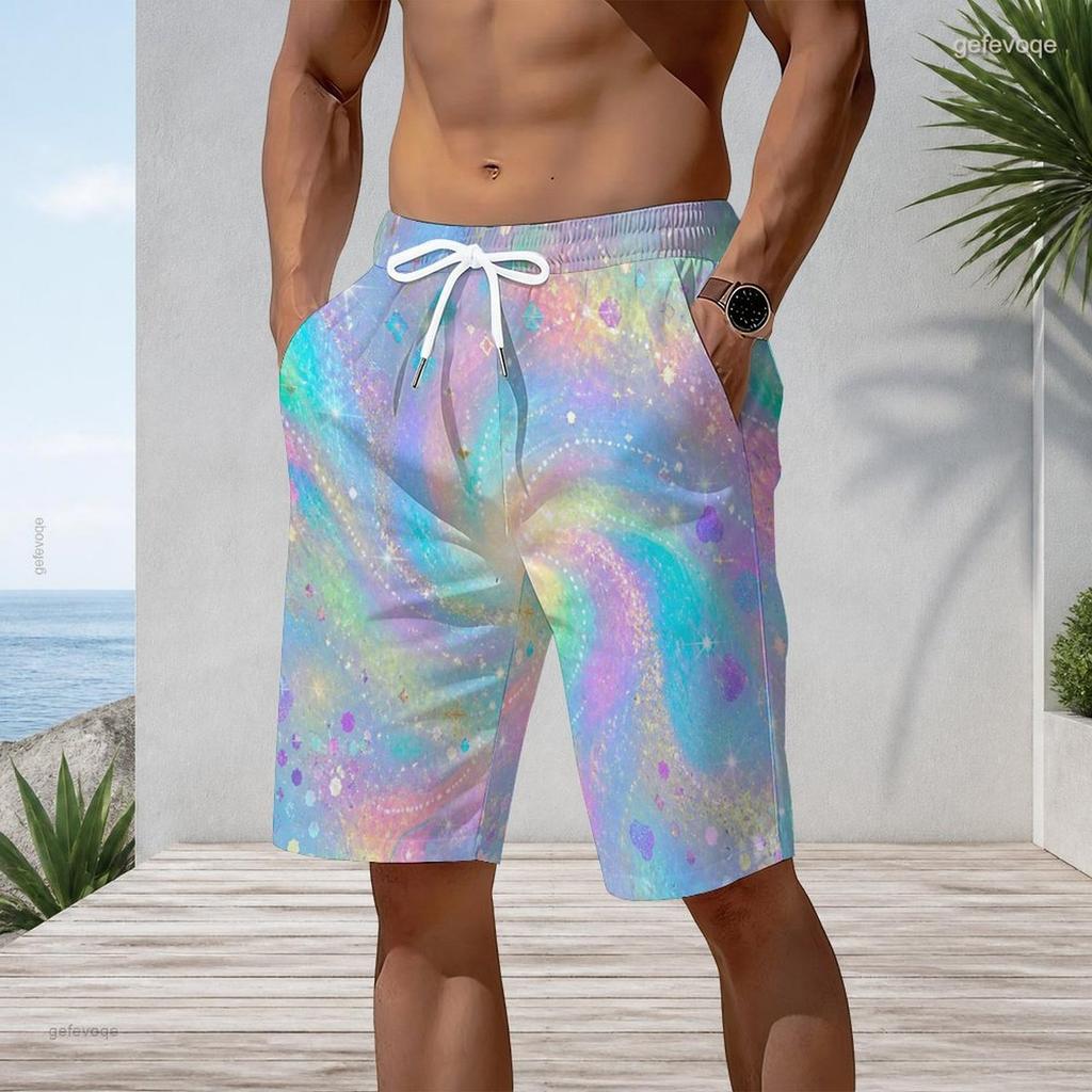 Men Plus Size Colorful Glitter Printed Beach Shorts Drawstring Waist Straight Leg With Side Pockets