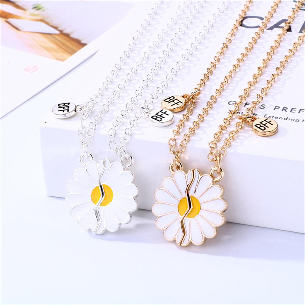 2pc Daisy BFF Necklace with Magnetism for Kids Elegant Flower Pendant Sister Necklace Girlfriend Gift DIY Women Fine Jewelry
