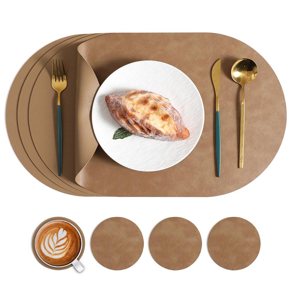 Nordic ins cowhide leather placemat two-color tableware oval dining table western food plate anti-scalding heat insulation pad waterproof