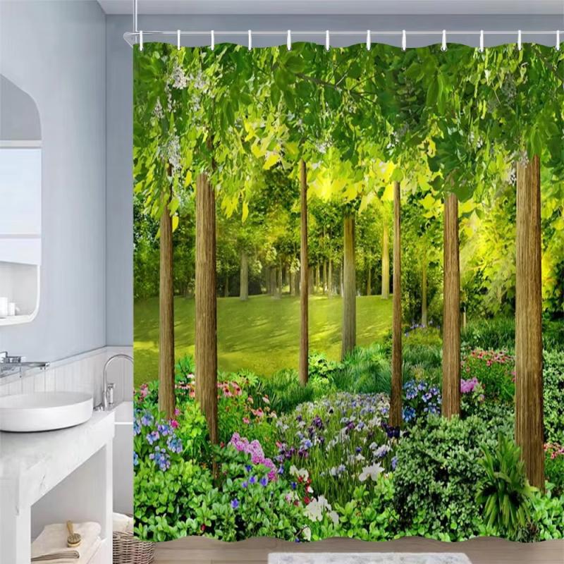 Jarní lesní krajina Sprchový závěs Tropické rostliny džungle Vodopád Přírodní scenérie Závěsy Zahradní koupelnová dekorace s háčky