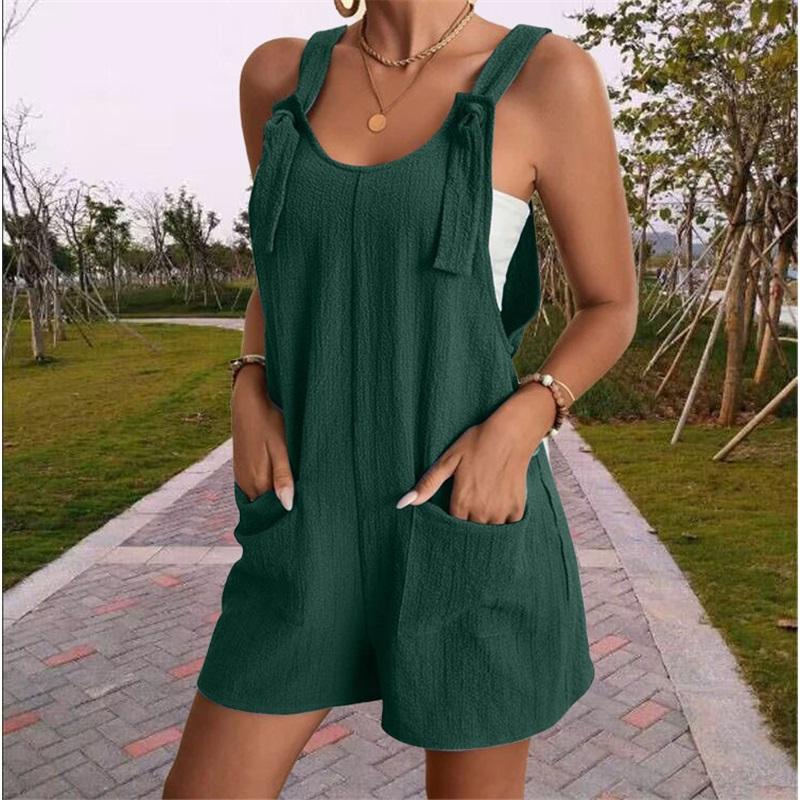 European And American Women's Summer Casual Solid Color Suspender Shorts One-piece Pants Adjustable Large Size Overalls Cool And Comfortable