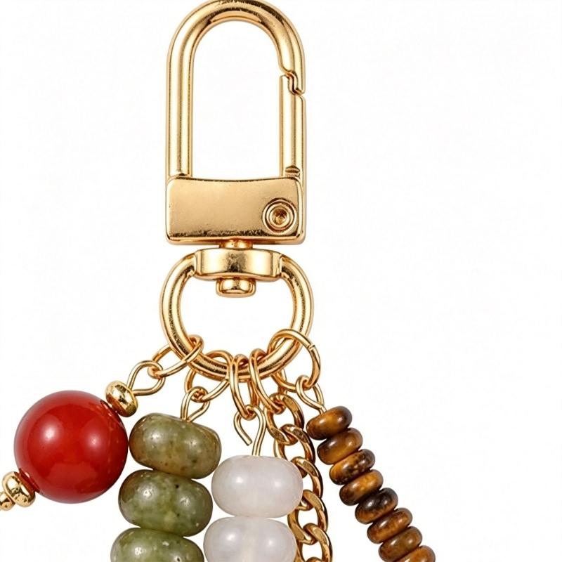 Decorative Beaded Keychain Charm with Gold Tone Clasp and Chain Detail, Bag Charm Key Ring Accessory for Daily Carry