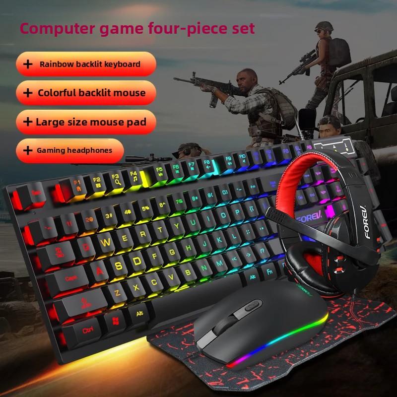 LVKIDRON 4-in-1 Portable USB Wired Gaming Combo Set 104-Key Mechanical RGB Backlit Anti-Fall Ergonomic Mouse Mousepad Headphones