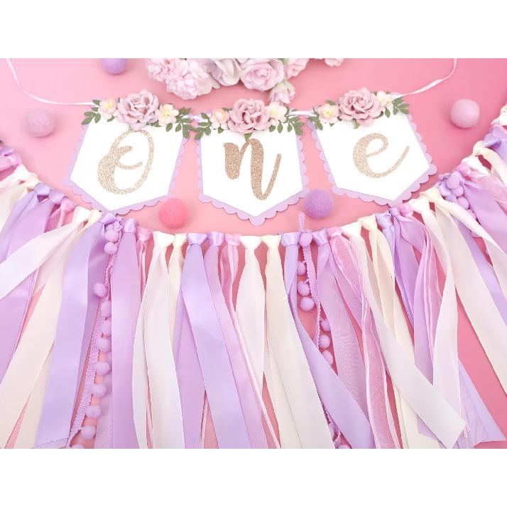 Baby Girl 1st birthday highchair banner -Purple Floral Garland, Purple And Pink First Birthday Decoration, Rose 1st Bday Banner, floral birthday