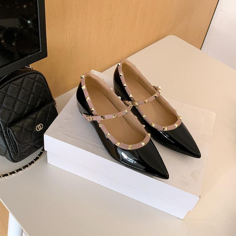Sheepskin version~ inner height increase cm pointed one-word strap single shoes women's new shallow mouth versatile rivet Mary Jane shoes
