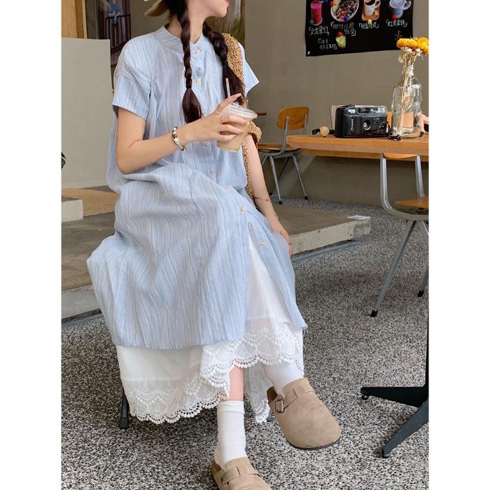 Sweet College Stacked Two-piece Suit Blue Striped Shirt Dress Lace Skirt Women