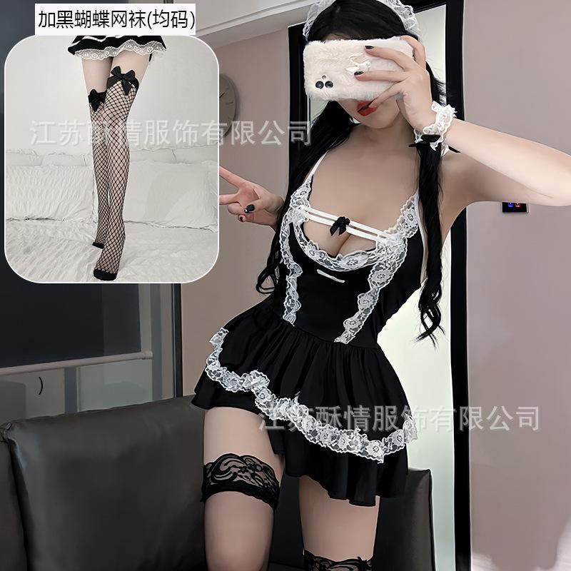 Sexy Lingerie Sexy Deep V Lace Slim Fit Puff Dress Maid Maid Uniform Seduction Uniform Set