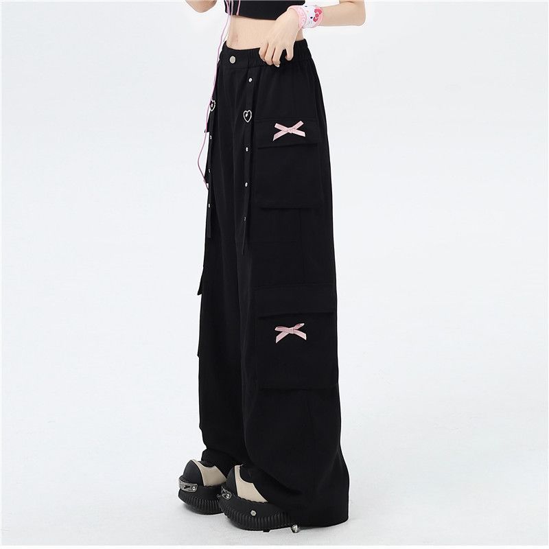 Pantalones Casuales de Verano Finos Dulces Frescos de Cintura Alta para Mujer Street Rectos Holgados Pierna Ancha Pantalones Cargo Pantalones Y2k Chica Caliente