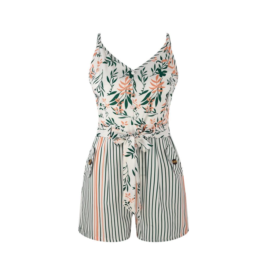 Fashion Women Casual Loose Print Sleeveless Camisole V-Collar Jumpsuit