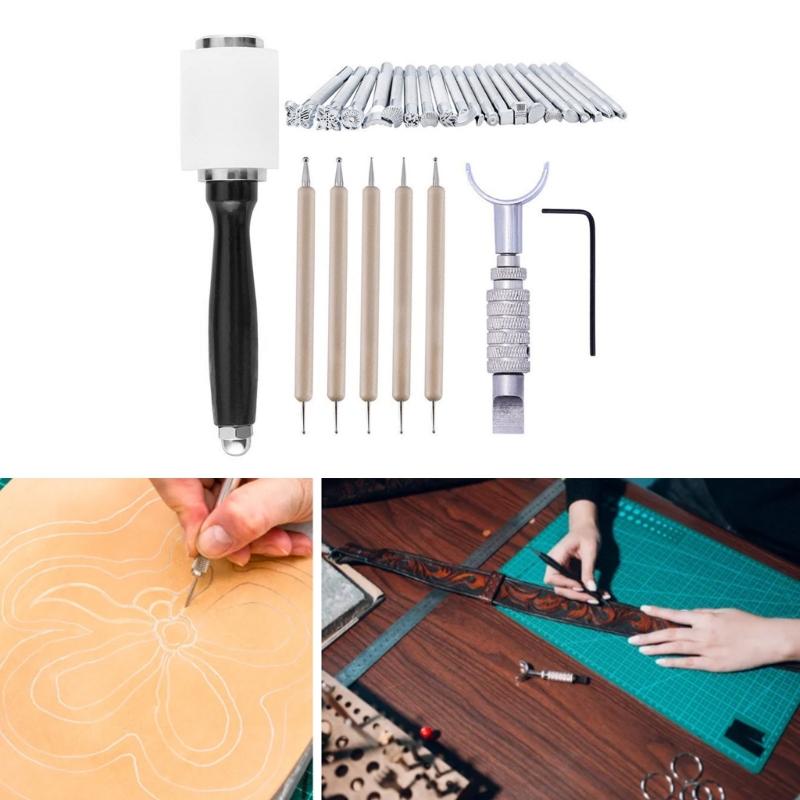 Leather Stamping Tool Leathercraft Carving Kits Leather Craft Hammer Leather Carving Embossing Tools for DIY Craft