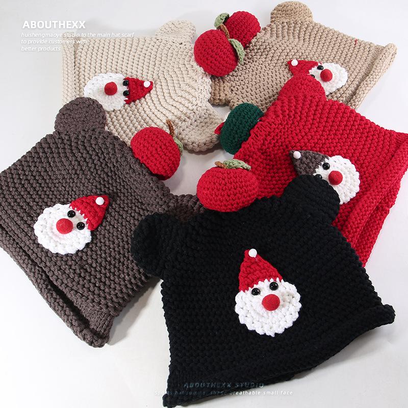 Cute Bear Apple Knitted Hat for Women New Autumn and Winter Warm and Versatile Pullover Hat Showing Face Small Woolen Hat