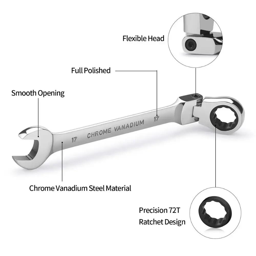 6mm-17mm Flexible Pivoting Head Ratchet Wrench Spanner Garage Metric Hand Tool For Auto and Home Repair Maintenance