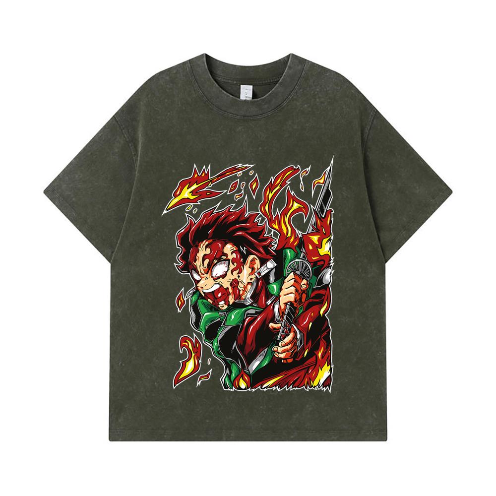 275 GSM Washed T-shirts 100% Cotton Demon Slayer V101 Tanjiro Print Unisex Heavy Cotton T Shirt