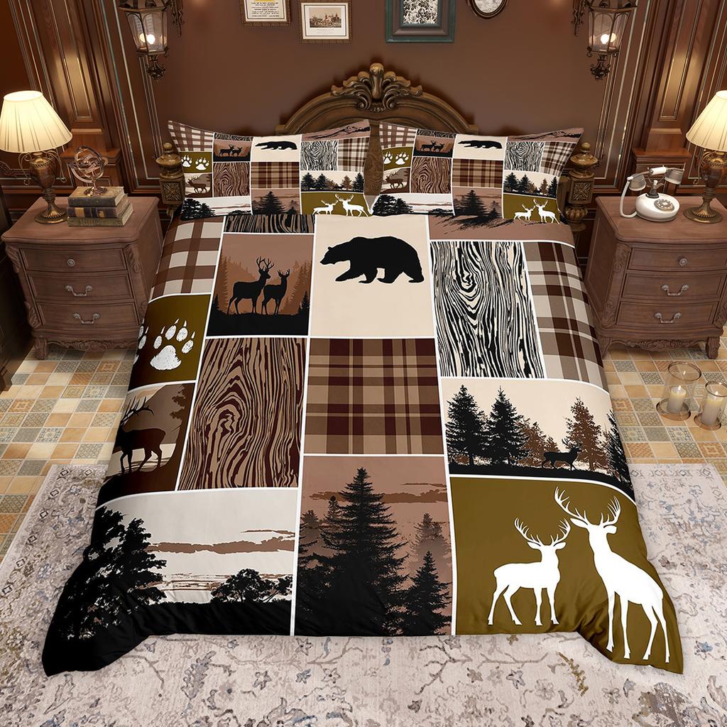 Homewish Rustic Lodge Cabin Duvet Cover Set Hunting Deer Bear Bed Set Retro Plaid Checkered Quilt Cover Set