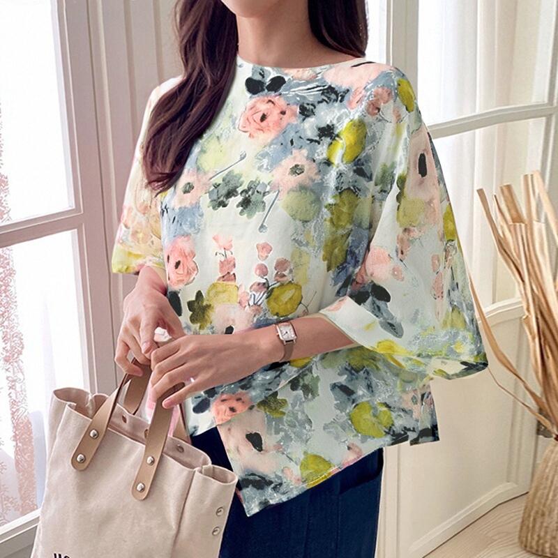 

ZANZEA Женская повседневная блузка с круглым вырезом, рукавами 3/4, свободного кроя, с цветочным принтом 5XL абрикосовый