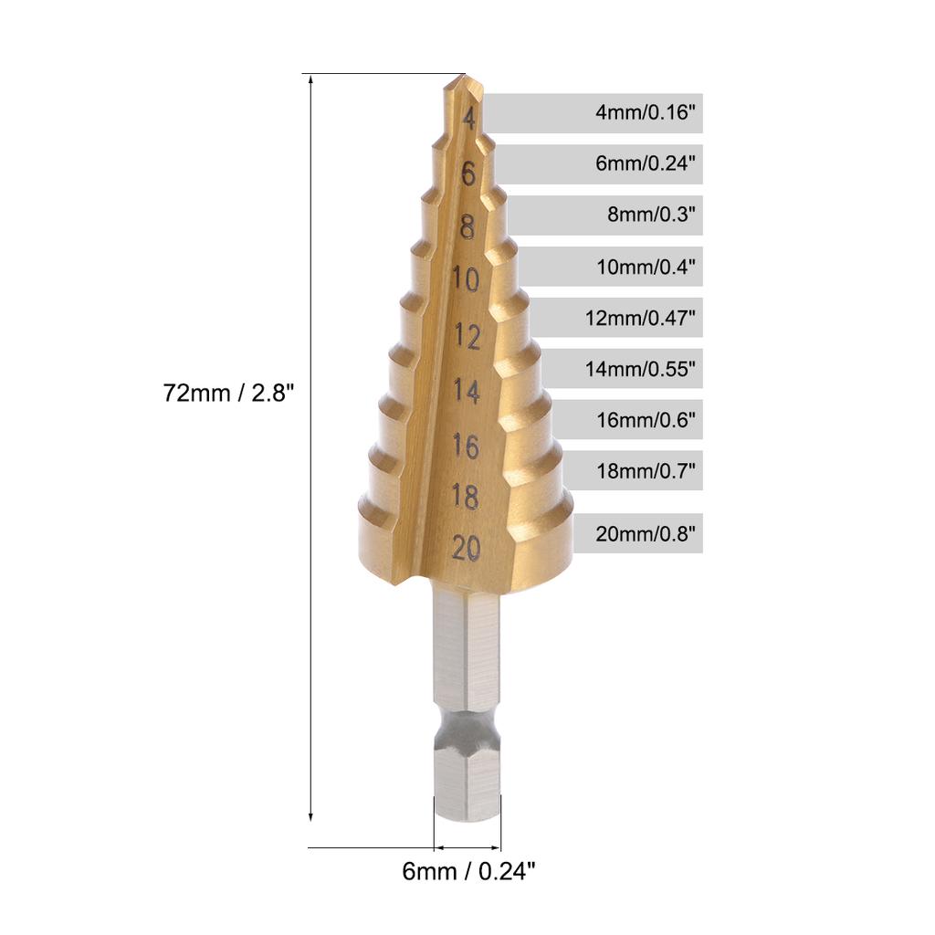4mm To 12mm 4mm To 20mm Step Drill Bit HSS 4241 Titanium Coated Straight Flutes Hex Shank for Metal Wood Plastic
