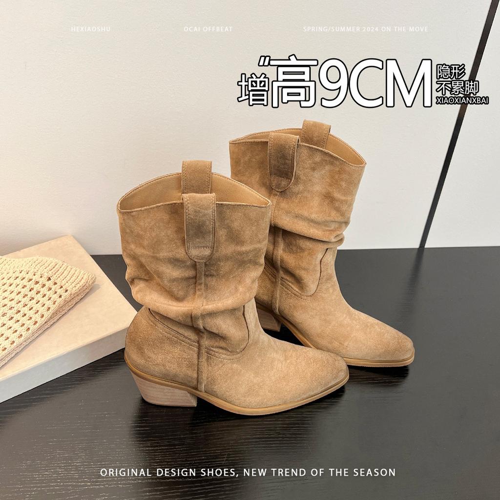 Cowhide~ Inner height increase 9cm pointed pile boots short boots women's high heel retro western cowboy knight boots Martin boots