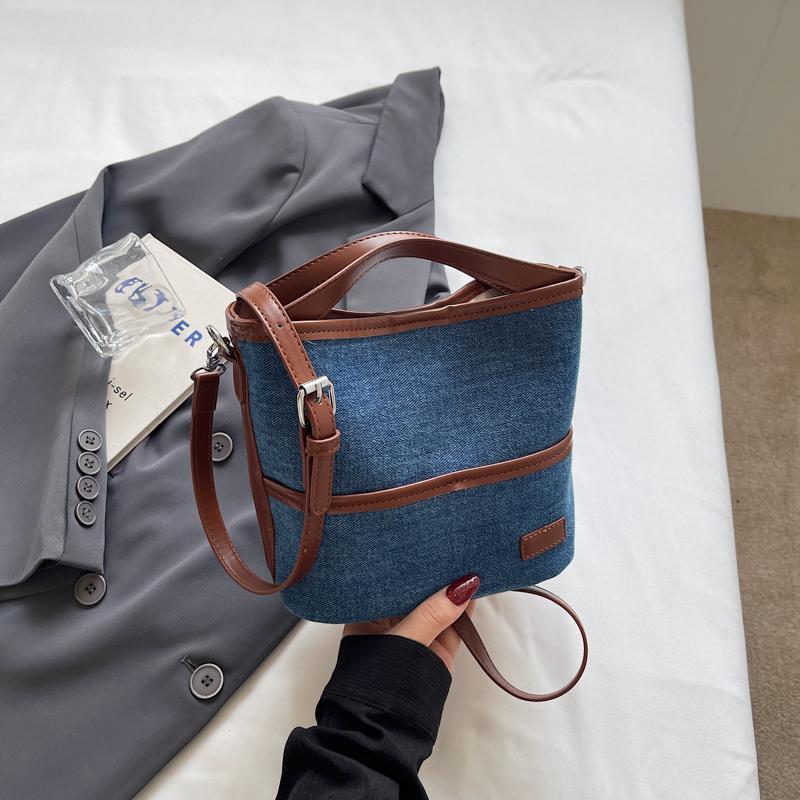 Denim Shoulder Bag Women Fashion Brown Leather Trim Crossbody Tote Bag Casual Everyday Small Handbag