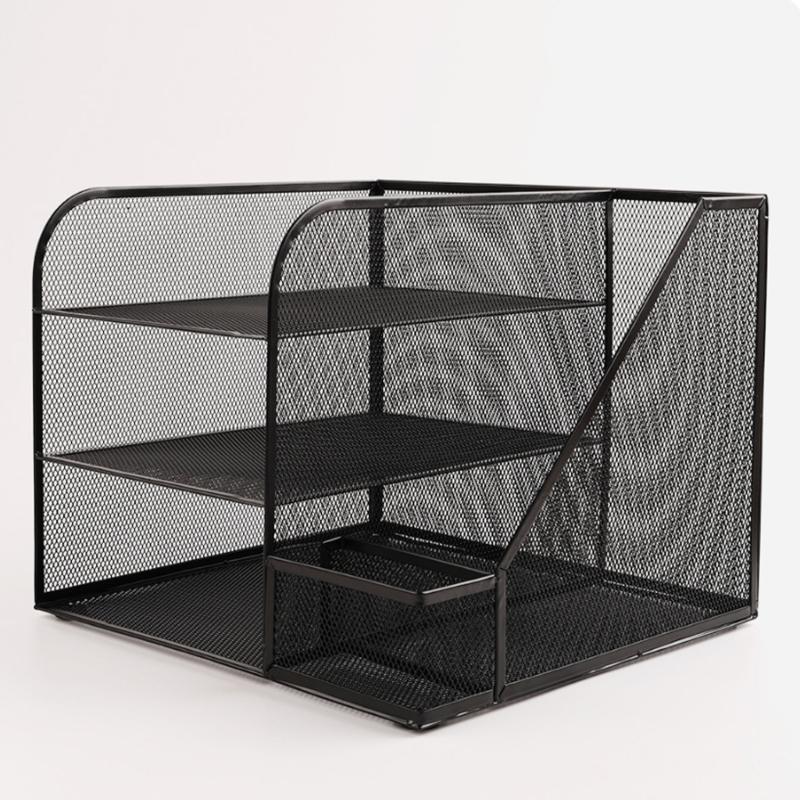 Desk Paper File Tray Organiser 3-Tiered Metal File Letter Tray With Book Rack Space Saving Document Organiser For Office