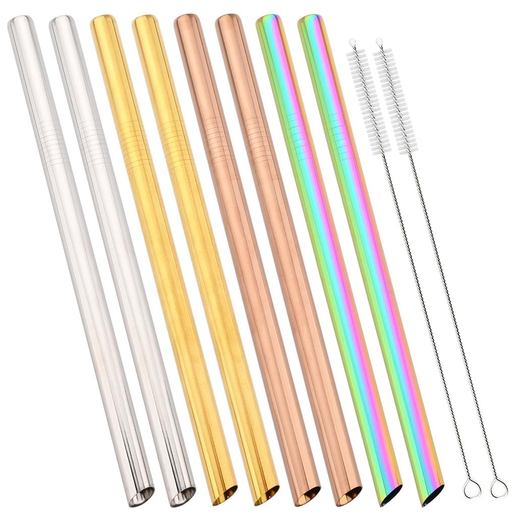 8pcs Sharp Wide 12mm Stainless Steel Straw Fruit Juice Milkshake Cocktail Pearl Milk Tea Drinking Straw Set Home Bar Accessories