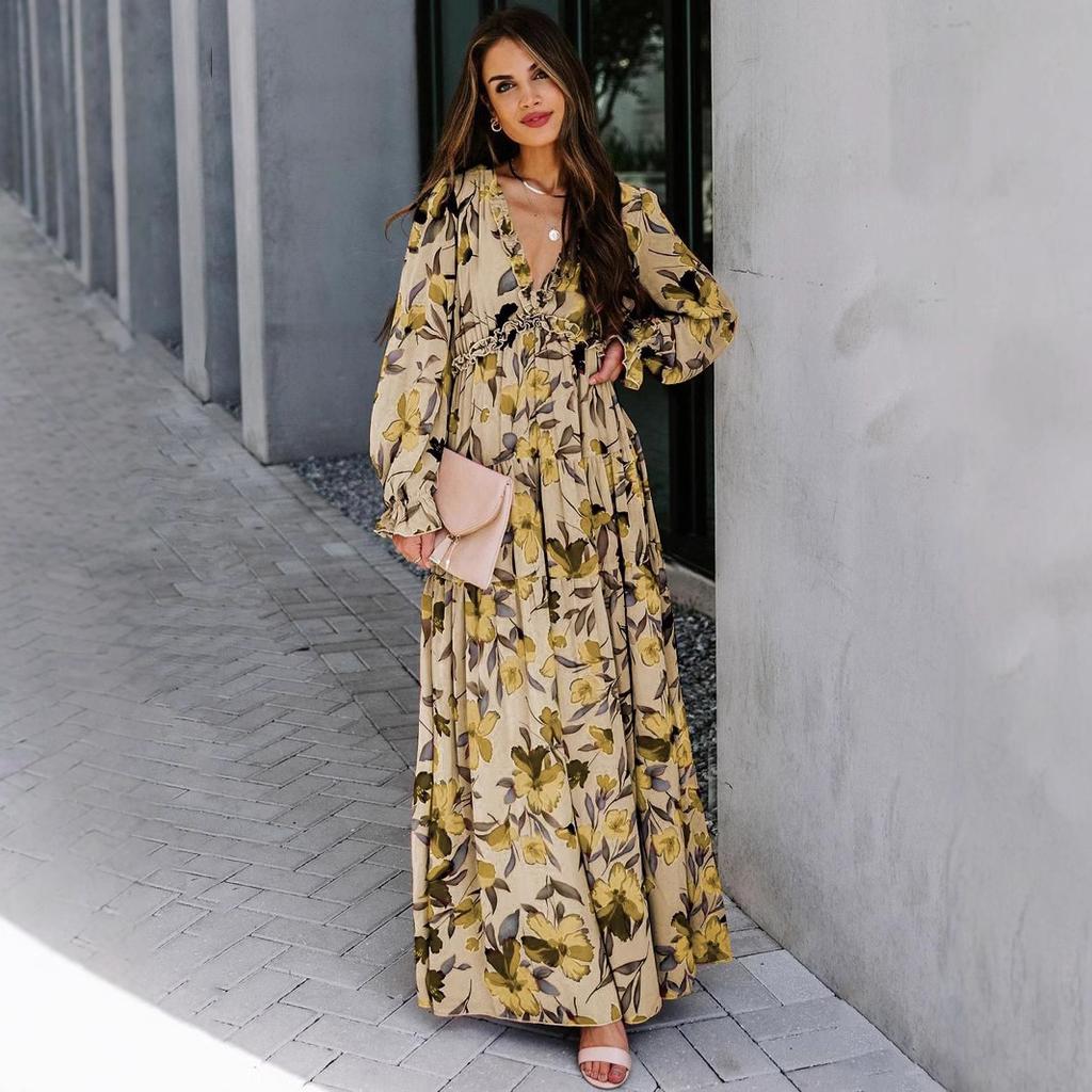 Women Floral Print Long Sleeve V Neck Ruffle Trim Tiered Chiffon Maxi Dress Boho Casual Beach Vacation Wedding Guest Evening Party Elegant Long Dress