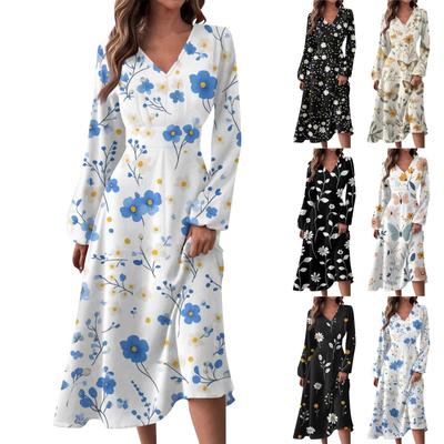 Women's  Casual Fashion V-Neck Long Sleeve Floral Print Long Dress