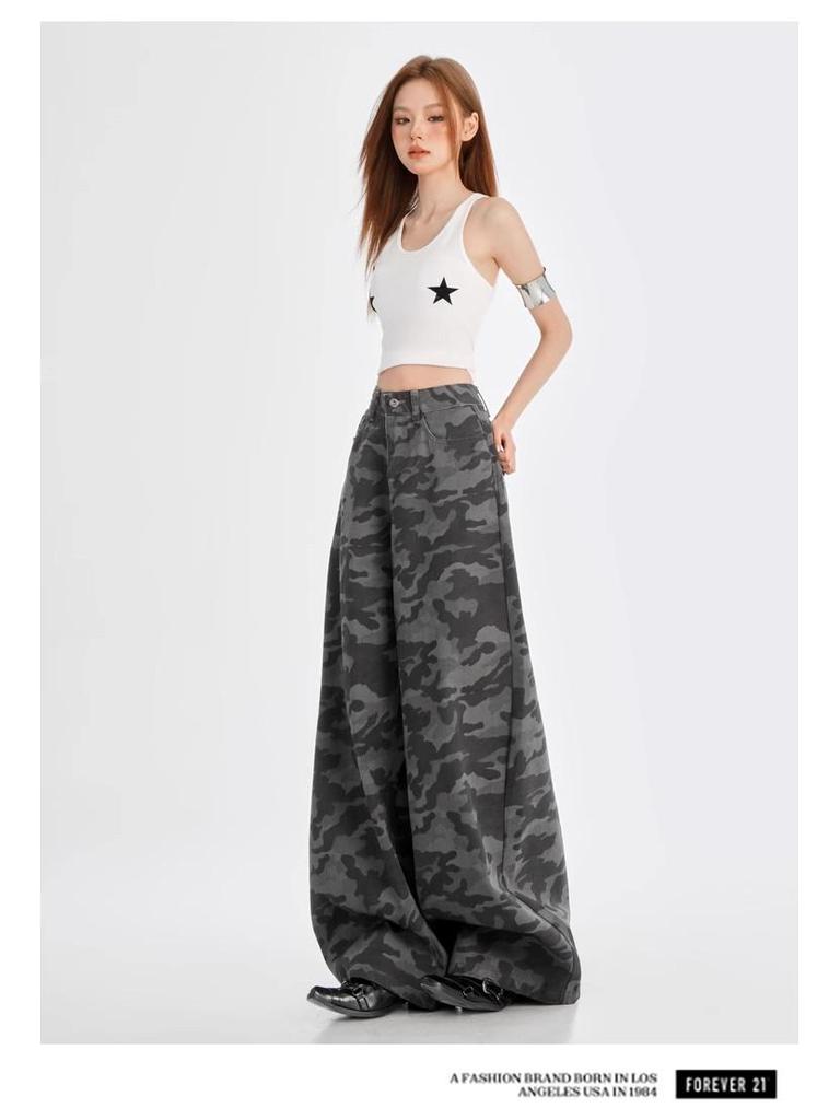 Women's Vintage High Waist Camo Wide-Leg Jeans - Spring Slimming Loose Fit