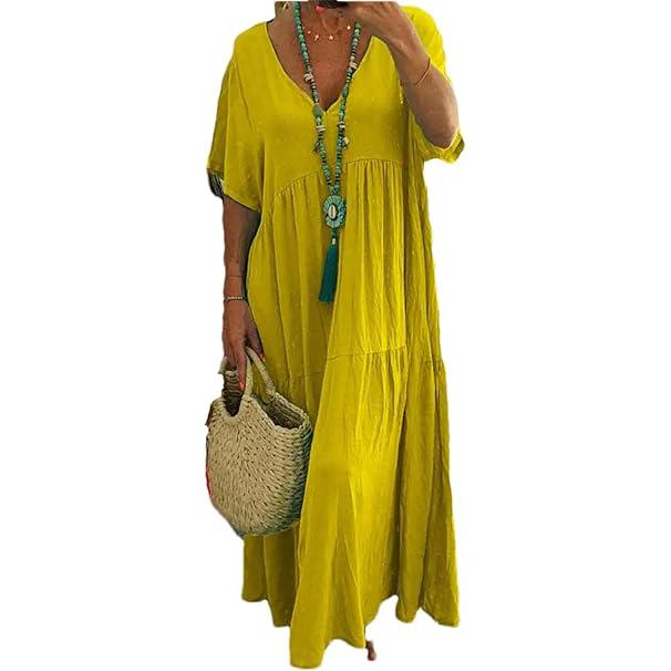 Women's Summer Plus Size Long Dress Casual V-Neck Short Sleeve Irregular Large Swing Maxi Dresses