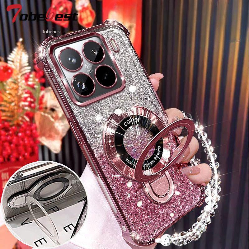 Glitter Plating Shockproof Case For Xiaomi 15 14 Ultra 14T 13 12 12S Pro Fundas Magnetic Holder Bracelet Cover