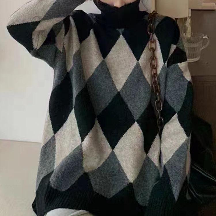 Wersja koreańska sweter z golfem damski z długim rękawem kontrastowy wzór w romby casualowy sweter dzianinowy damska warstwa bazowa