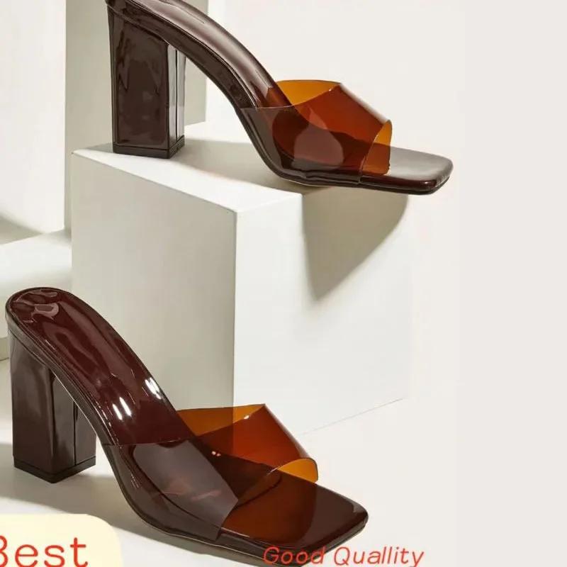 Fashion Women's Slippers Fashion Dress 2025 New Slippers Women Square Toe High Chunky Heels Plus Size Modern Solid Sandals Flip Flops