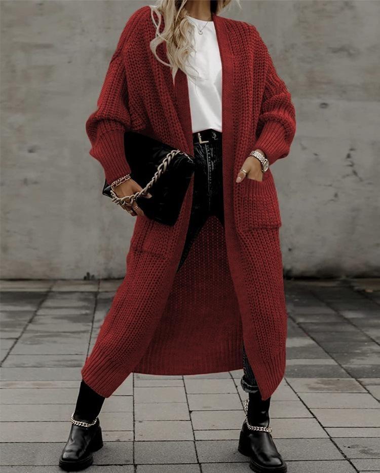 Women Knitted Cardigan Loose Fit Large Pockets European American Style Autumn Winter Fashion Cross Border Trade