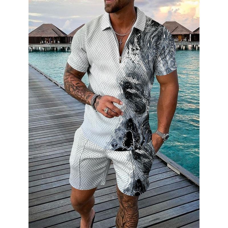 Mens Casual 3D Lion Print Half Zip Shirt And Shorts Two Piece Set