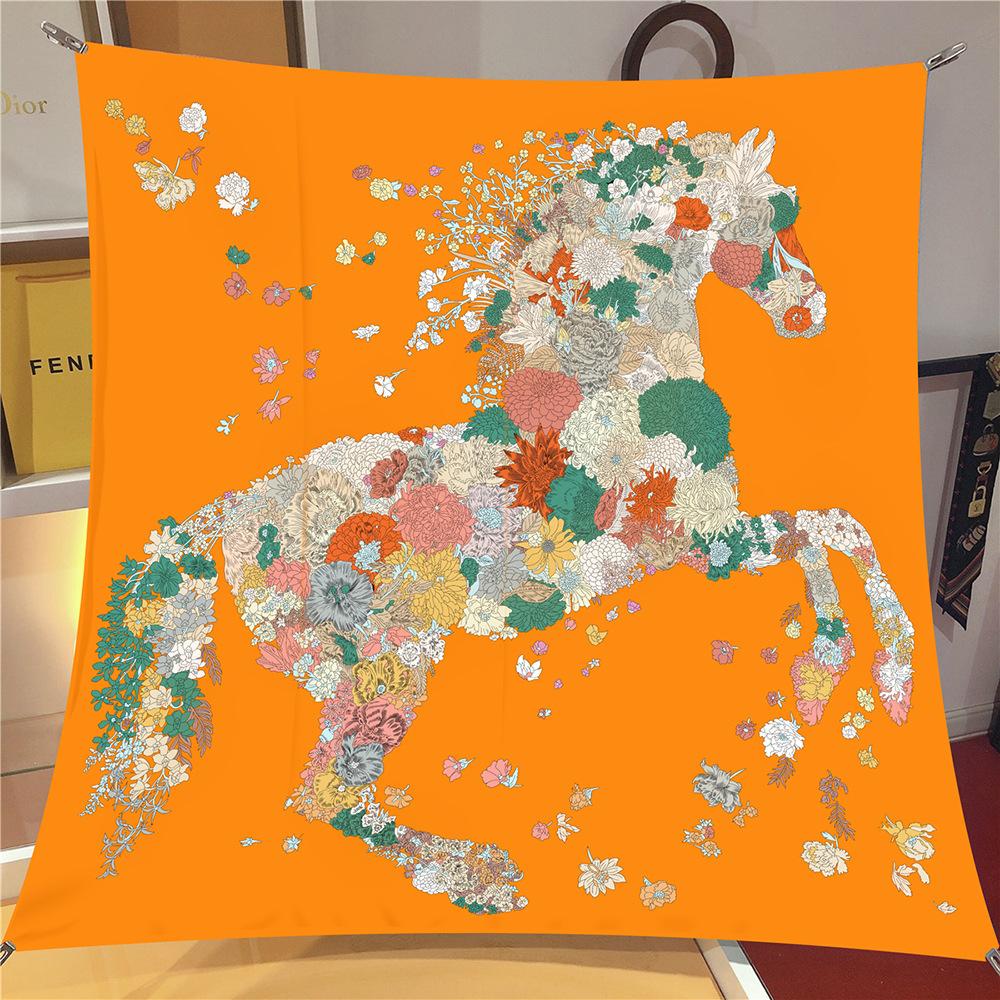 90Cm Twill Silk Scarf Shawl Luxury Checkered Horse Print Square Scarves Women Hijabs Bandana Foulard Head Neckerchief