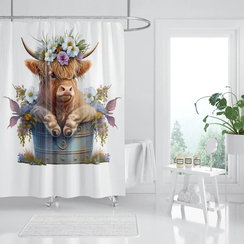 Funny Highland Cow Shower Curtain Farm Animal Sunflower Watercolour Flowers Farmhouse Polyester Fabric Bathroom Decor with Hooks